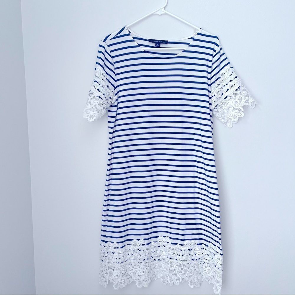 Tommy Hilfiger Blue and White Striped Dress with Lace Design Size Medium